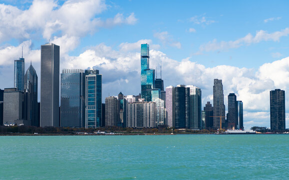 Skyscraper architecture. Chicago city cityscape. Panoramic view. Cityscape skyline with skyscraper building. Skyline architecture. Chicago city with dramatic sky. Skyline of Chicago city downtown