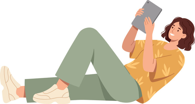 Woman lying down using digital tablet browsing internet flat vector illustration