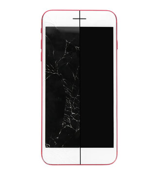 Smartphone before and after repairing, collage on transparent background