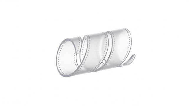 Composite resin vacuum infusion spiral wrap. Micro-molded translucent polyethylene polymer tubing with microscopic perforations for composite manufacturing. Precision hardware isolated on white.