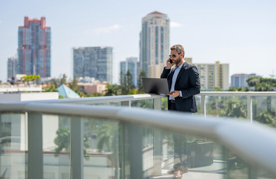 Business man working online. Work ethics. Online communication. Video conference. Businessman working on laptop outdoor. Man has business video call. Successful businessman freelancing online