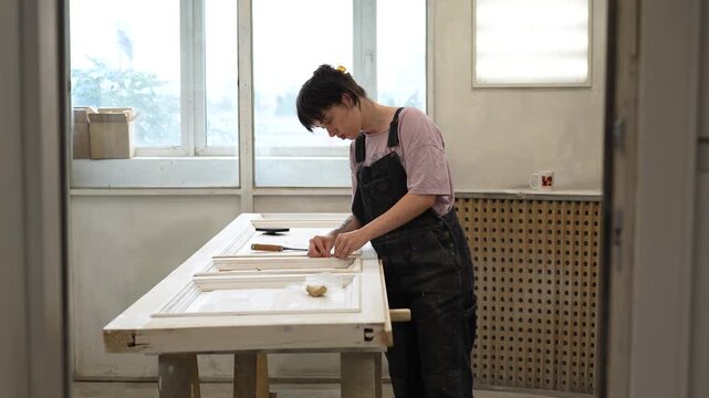 Concentrated woman restorer works with vintage wooden door, applying wood paste filler on panel, focused talented craftswoman working with putty to fill cracks on old door in restoration workshop.