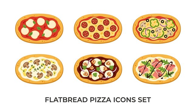 Set of six flatbread pizza icons with various toppings in a colorful illustrated