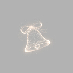 Naklejka na ściany i meble Sparkling Christmas bell made of glowing golden particles. Holiday bell with ribbon bow light effect on transparent background. Festive glowing glitter decoration.