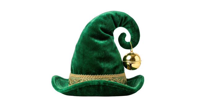 Green velvet elf hat with gold trim and a large jingle bell isolated on transparent background
