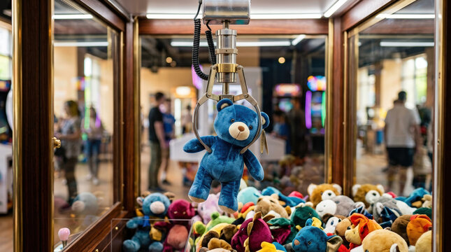 Metal claw grabbing a blue plush teddy bear in an arcade machine. Amusement center game with colorful stuffed animals