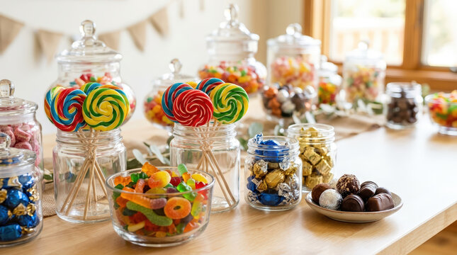Candy buffet table with glass jars filled with colorful sweets. Assortment of lollipops gummy candies and chocolates for a party celebration. Festive dessert bar setup