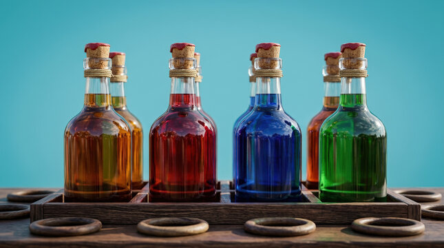 Carnival ring toss game with colorful liquid filled glass bottles. Vintage wooden rings and crate against a bright blue background. Traditional fairground amusement