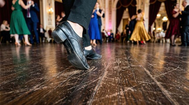 Black leather shoe stepping on a scuffed wooden dance floor. Blurred couples dancing in formal attire in an elegant ballroom background