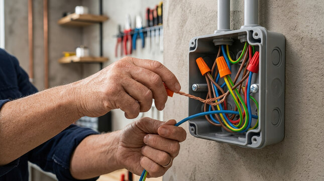 Electrician connecting copper wires with orange wire nuts in a junction box. Close-up of hands working on electrical installation. Home improvement and repair concept