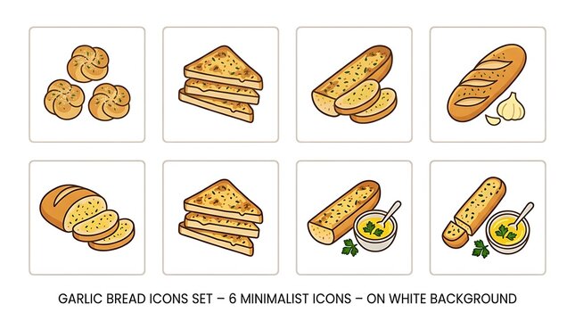 Illustrated collection of six different types of bread and sandwiches including