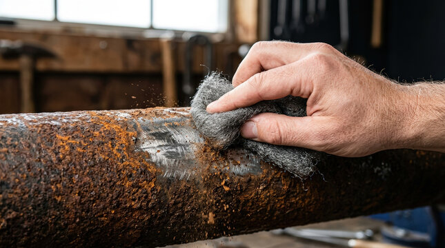 Hand using steel wool to scrub rust off a metal pipe. Close-up of manual rust removal and metal restoration in a workshop