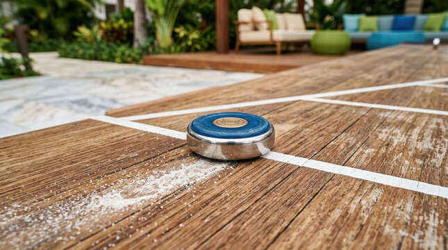 Close-up of a blue shuffleboard puck on a wooden table with scattered wax. Outdoor patio game setting with lounge furniture in the background