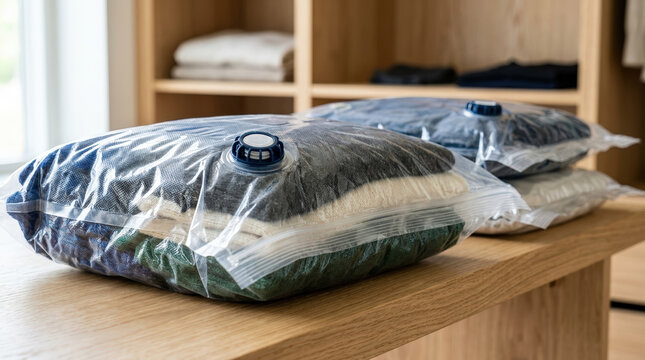 Vacuum sealed storage bags filled with folded clothes on a wooden bench. Space saving home closet organization and seasonal wardrobe packing