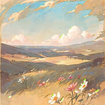 Rolling Hills Landscape Under Soft Cumulus Clouds