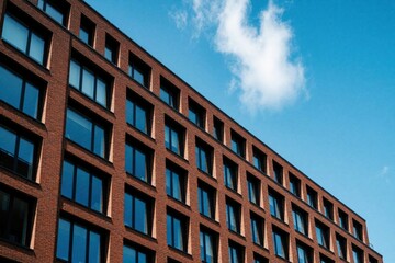 Fototapeta premium Low angle view of red brick apartment building against blue sky with white clouds. Modern urban architecture features many large glass windows, rectangular facade. Residential block office tower
