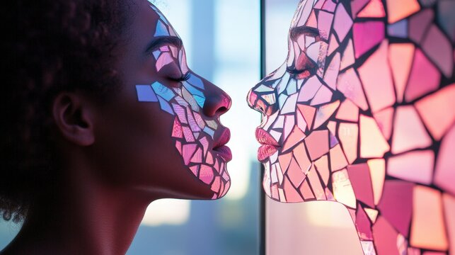 Captivating Portrait of a Woman with Mosaic Face Art Reflecting Beauty and Individuality