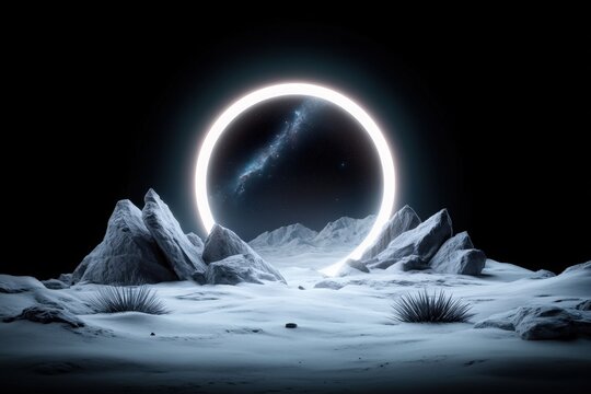Mystical Portal to Another World: Cosmic Landscape with Futuristic Elements and Serenity