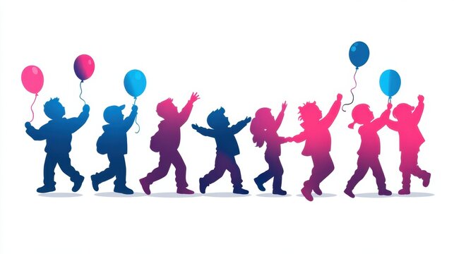 Joyful Children Silhouettes Celebrating with Balloons on a Bright Day of Happiness and Fun