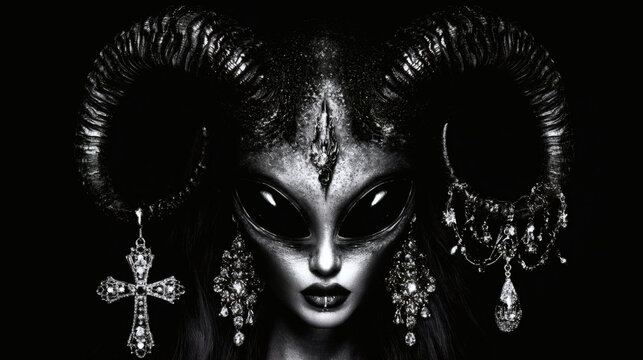 Horned alien queen with jeweled cross ornaments in dramatic black and white portrait