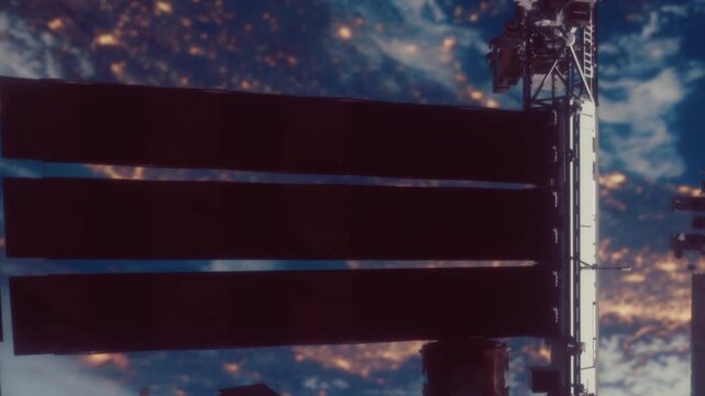 The scene shows the Earth from the International Space Station at night. City lights are visible in different areas. The view captures part of the space stations structure.