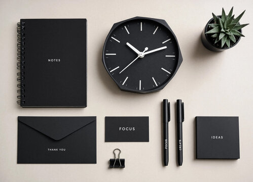 Minimalist black office stationery and clock flat lay arrangement on a clean background