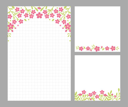 Hand drawn set of floral stationary templates, including grid graph paper with arch flower frame and square note cards with bottom borders. Flat vector illustration on white background.