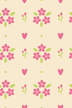 Seamless floral pattern with pink flowers, green leaves, buds and simple hearts on a dark green background, creating a playful botanical design with a modern folk aesthetic.