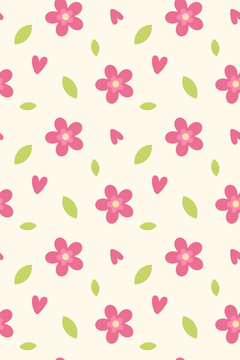 Cute floral seamless pattern with pink flowers green leaves and small hearts vector