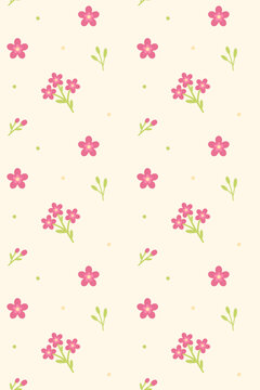Seamless Floral Pattern with Pink Flowers and Green Foliage on a Cream Background