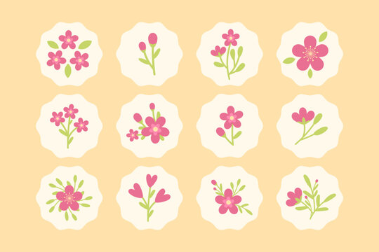 Floral sticker icon set featuring cute pink flowers and green leaves in wavy badges. Vector clip art collection for planner, highlight cover, label, emblem, stamp, tag, and scrapbook design.