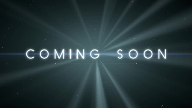 Coming soon loop cinematic light rays dark teal glowing text ideal for product launch teasers event announcements channel intros print media social media posts and campaign countdown screens