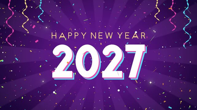 Happy new year loop confetti purple sunburst ribbons golden text ideal for party invitations holiday greetings social media posts email promotions title sequences and festive event screens