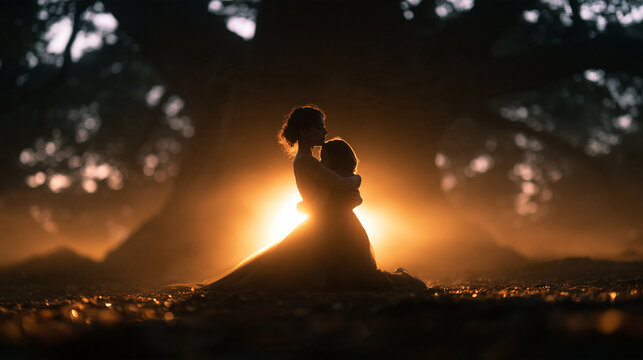 Mother Embracing Daughter Silhouette in Mystical Golden Backlight