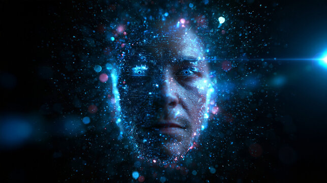 Futuristic Digital Human Face with Glowing Technology Particles