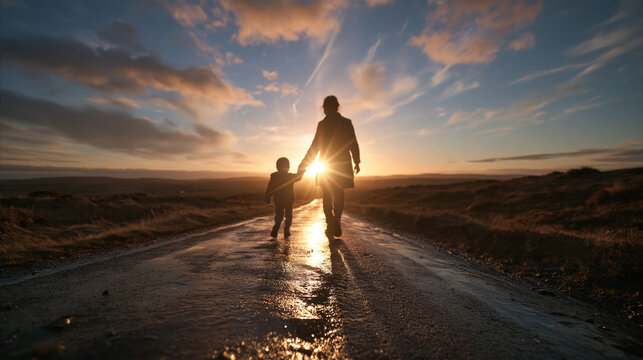 Mother and Child Walking Along Rural Road at Sunset
