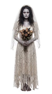 Ghostly dead bride in vintage wedding dress holding dark bouquet isolated on white background