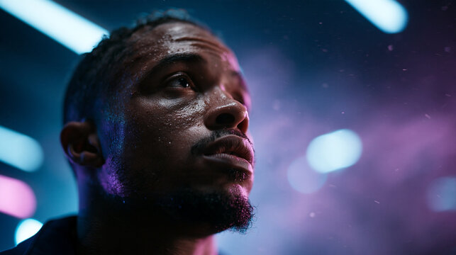 Sweaty Athletic Man Looking Up with Intense Determination