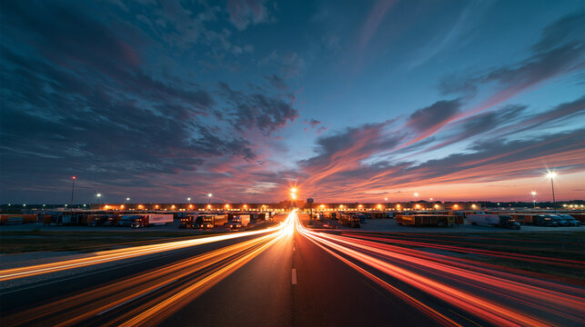 Highway Light Trails Toward Trucking Distribution Center at Sunset