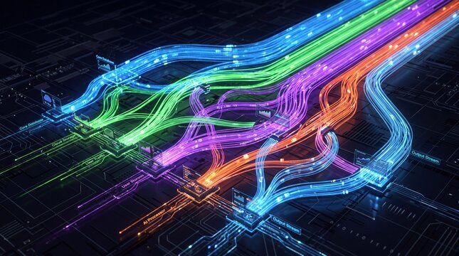 Fiber Optic Data Streams Connecting Artificial Intelligence Processors