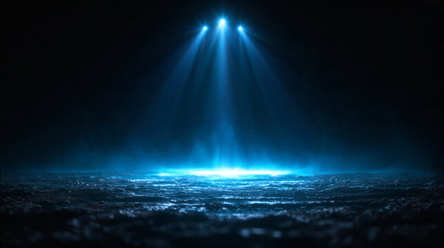Blue Spotlights Illuminating Empty Dark Stage with Smoke