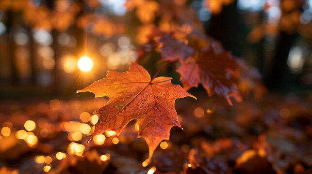 Autumn Maple Leaf Glowing in Warm Sunset Light