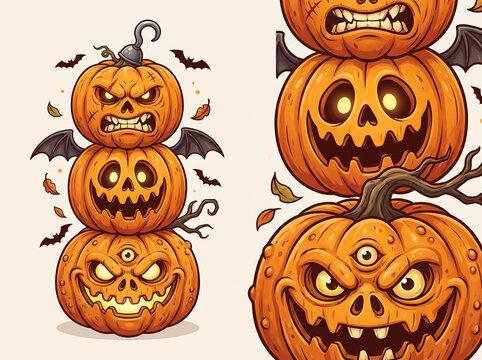 Halloween stacked carved pumpkins with spooky faces and bat wings