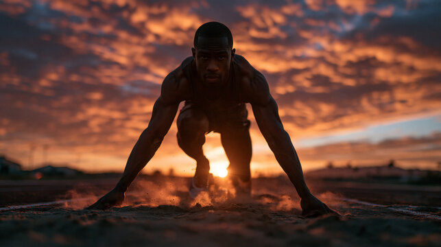 Athletic Male Sprinter in Starting Position at Sunset
