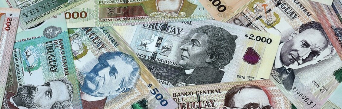 Uruguayan peso money bills in pile. Big amount of Uruguay UYU currency cash close up