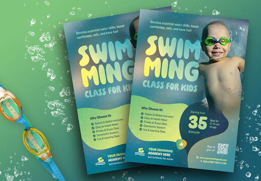 Kids Swimming Class Sports Flyer Template Colour Green