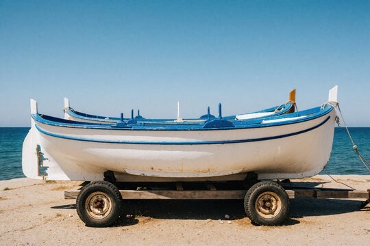 White wooden fishing boats sit on trailers near blue sea. Small vessels rest on sand under clear sky. Coastal maritime transport parked at beach shore for summer vacation local fishing activity in
