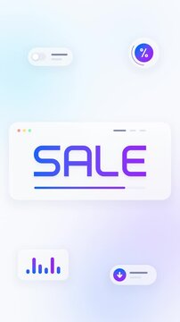 Sale sign loop glass cards interface gradient blue purple frosted ideal for technology shop promotions gadget discount campaigns social media stories digital screens and online store banners