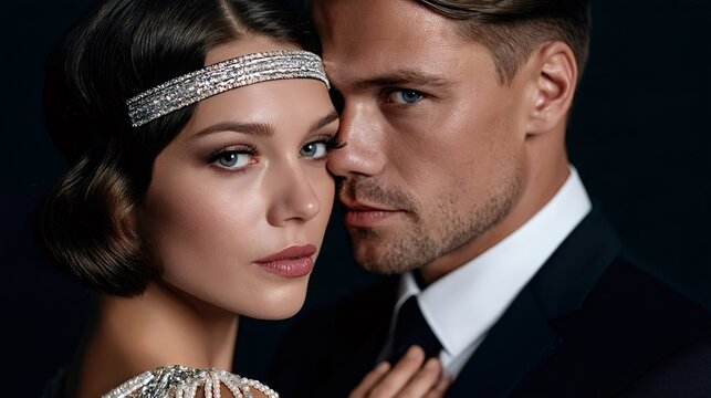 Elegant young couple embracing with a captivating gaze, dressed in sophisticated vintage 1920s fashion, representing romance, glamour, and luxury from the roaring twenties era