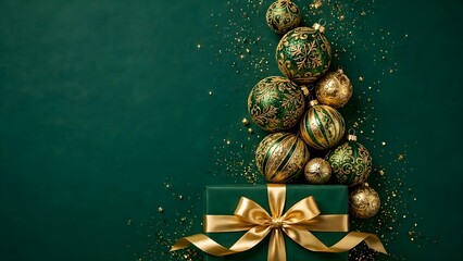 Fototapeta premium A pile of elegant dark green and gold Christmas ornaments cascading over a teal gift box tied with a golden ribbon, set against a deep green background with glitter.